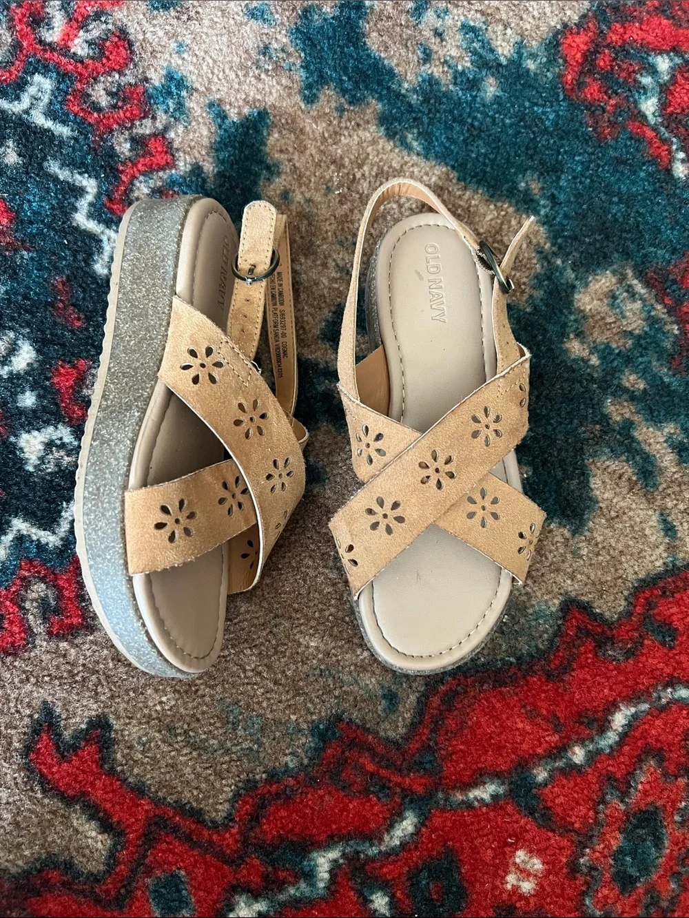 Old Navy Tan Suede Floral Cutout Platform Slingback Sandals